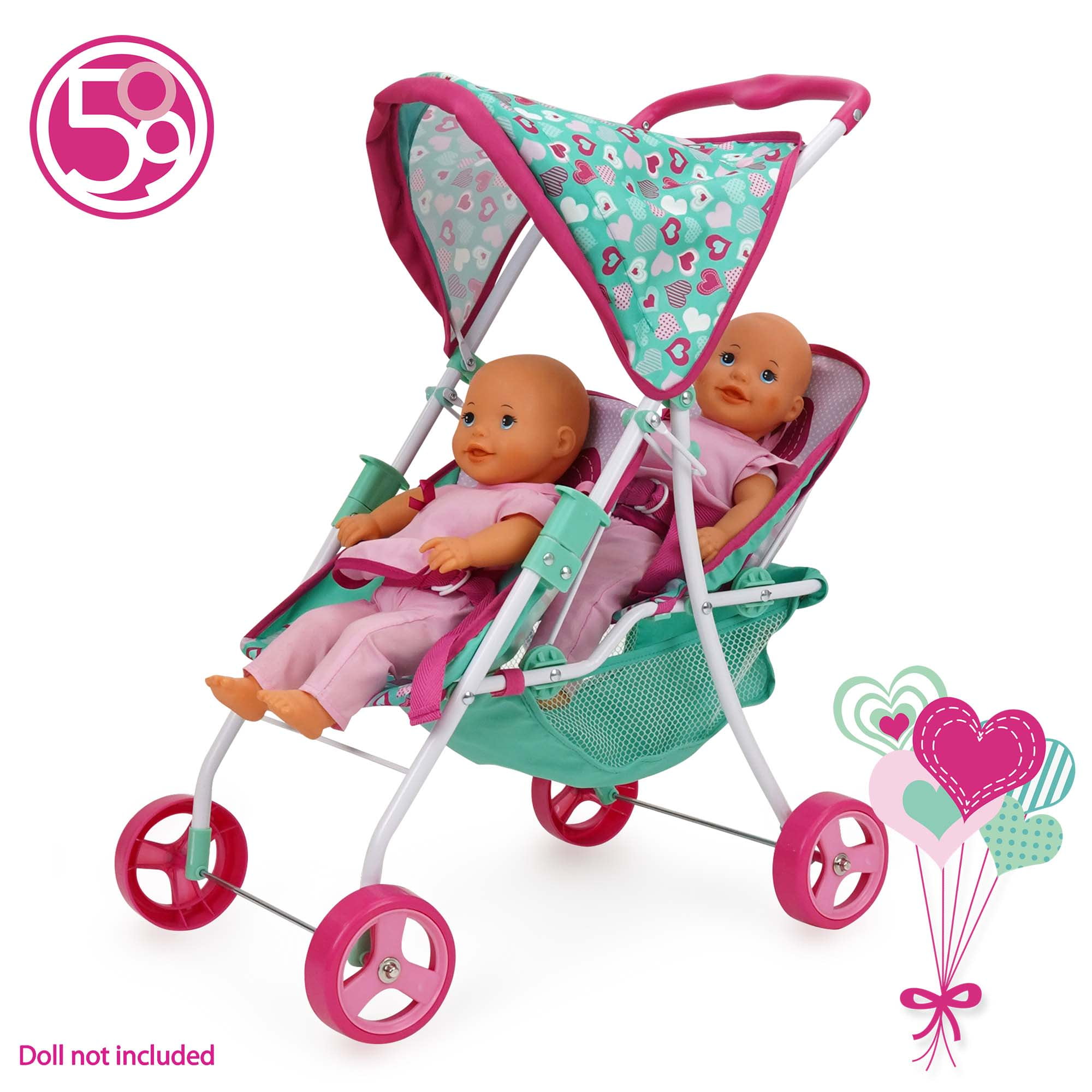 509 Crew: Mint Heart - Tandem Twin Doll Stroller - Hot Pink & Green, Storage Basket, Retractable Canopy, Folding, Accessory, Pretend Play Toy, Kids 3+
