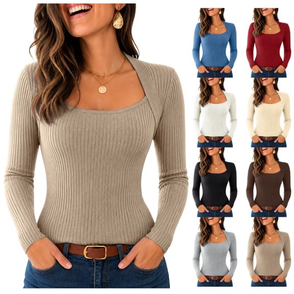 Womens Long Sleeve Sweater Square Neck Tops Slim Fit Ribbed Knit Pullover Solid Color Casual Fashion Ribbed Tops