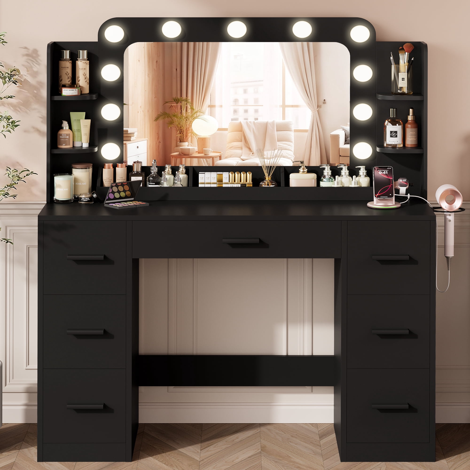 Lacoo Vanity Desk with Mirror & Lights, Makeup Vanity Set with 7 Drawers & Shelves, Vanity Table for Bedroom, Black
