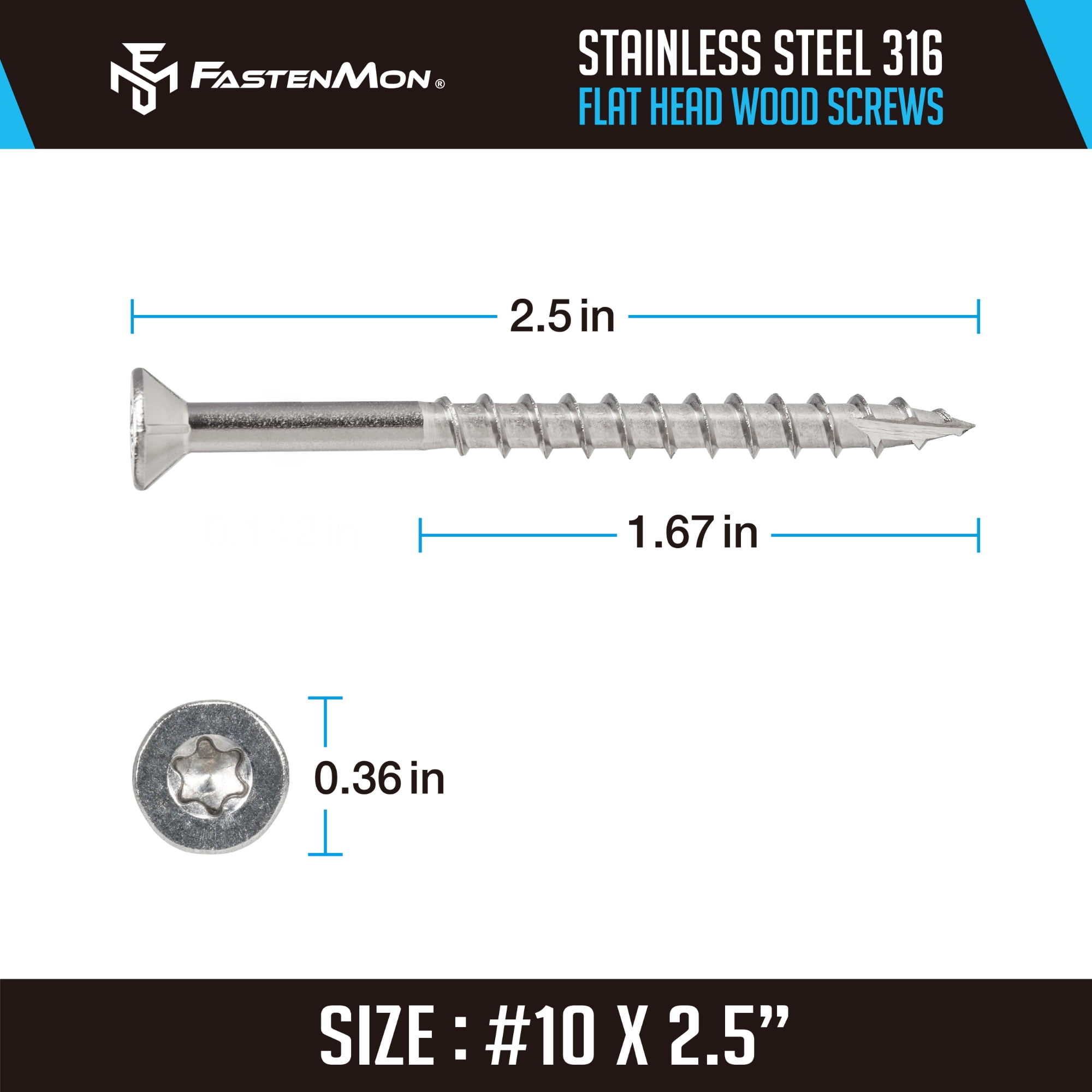 FM FASTENMON #10 x 2-1/2 inch 316 Stainless Steel Deck Screws, T25 Star Drive, 100 pack