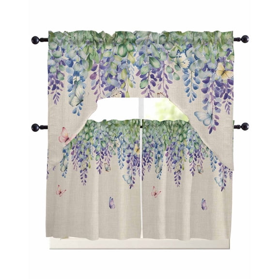 Wisteria Swag Kitchen Curtains Sets for Windows 24 Inch Length, Purple Flowers Leaves Butterflies Plants Spring Beige Short Window Curtain Swags Valances and Tiers 3 Piece Set for Cafe/Dining Room