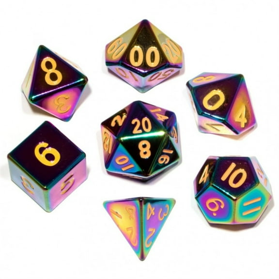 FanRoll/Metallic Dice Games Poly Set Torched Rainbow w/Gold 16mm (7) New