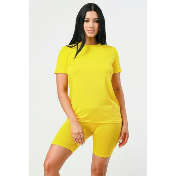 Saronite Basics Two Pieces Short Sleeve Seamless Stretchy Fit T-Shirt Top Biker Short Sets, Yellow (Women's)