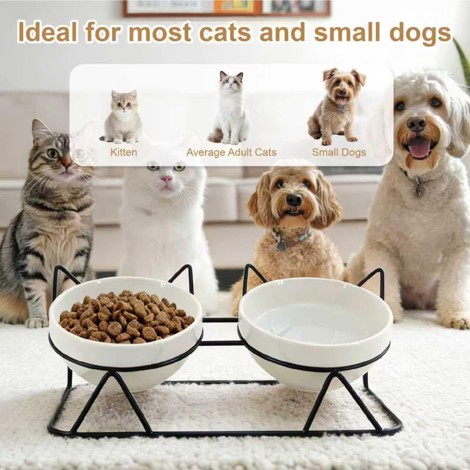 15° Raised Ceramic Cat Bowls, Anti-Vomiting Tilted Double Bowls with Absorbent Waterproof Pet Feeding Mat
