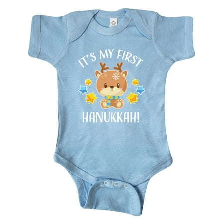 

Inktastic Cute Reindeer My 1st Hanukkah with Blue and Yellow Stars Gift Baby Boy or Baby Girl Bodysuit
