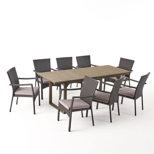 Cassie Outdoor 8 Seater Expandable Wood And Wicker Dining Set, Gray 