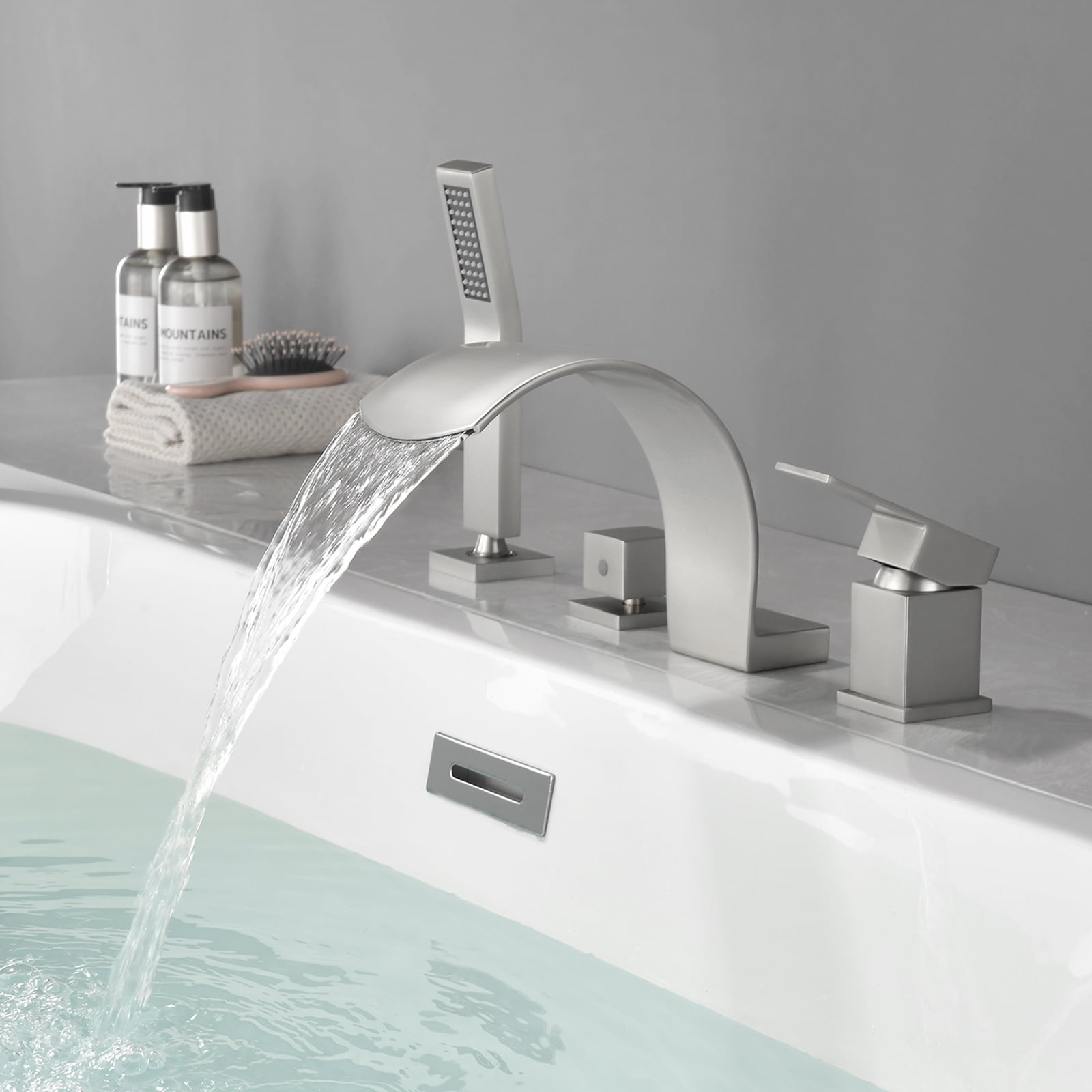 Cobbe Bathroom Bathtub Shower Faucet Set with Handheld Sprayer and 3.78-Inch Wide Tub Spout Single Handle 4-Hole Mount Brushed Nickel