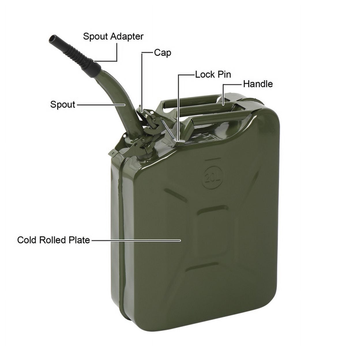 20L Portable Fuel Storage Can with Spout, Army Green, Lightweight for Petrol/Diesel/Oil, Durable High-Grade Material