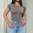 thumbnail image 2 of JYLFC Casual Crew Neck T-shirt for Woman Short Sleeves Stretchy Crop Top Slim Fit Solid Tee Tops Summer, Gray XL, 2 of 7