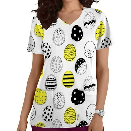 

lulshou Womens Scrub Tops with Pocket Fashion Short Sleeve Working Uniform V-Neck Protective Clothing Tops Nurses Tunic Uniform Clinic Carer Tops Easter Printing Blouse Tops Summer Clearance