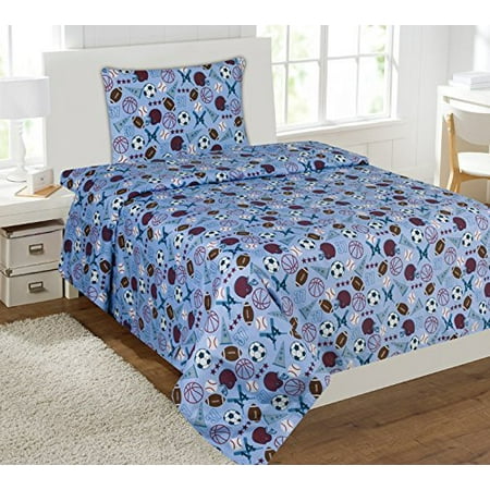 New Football Ball - Fancy Linen 4pc Boys Full Sheet Set Light Blue Sports Baseball Basketball Football Soccer New