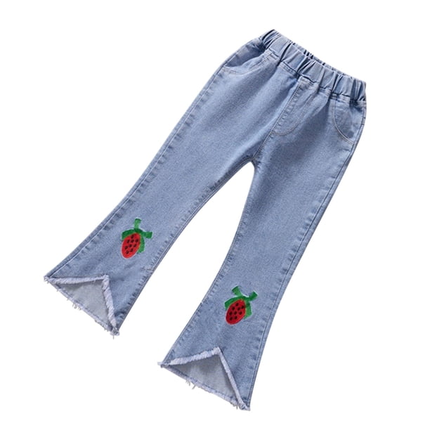 Odeerbi 3-14 Años Niñas Vaqueros Flamed Raw Hem Lindo Fresa Bordado Pantalones de Denim Primavera Verano Vaquero Pantalones de Longitud Completa Con Bolsillo