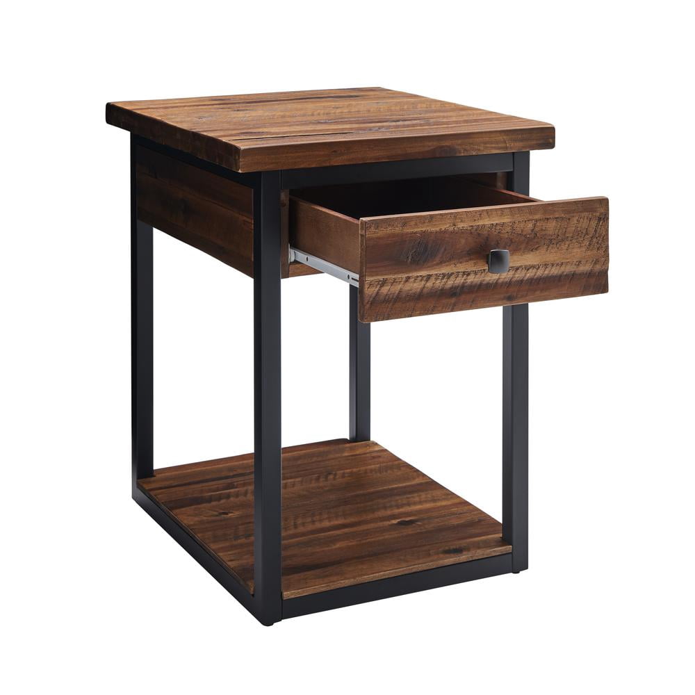 Alaterre Furniture Claremont Rustic Wood End Table with Drawer and Low Shelf