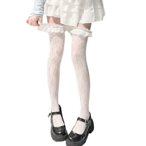 Women Japanese Thigh Highs Stockings Sweet Hollowed Out Flower Lace Frilly Over Knee Long Socks with Ruffle Trim