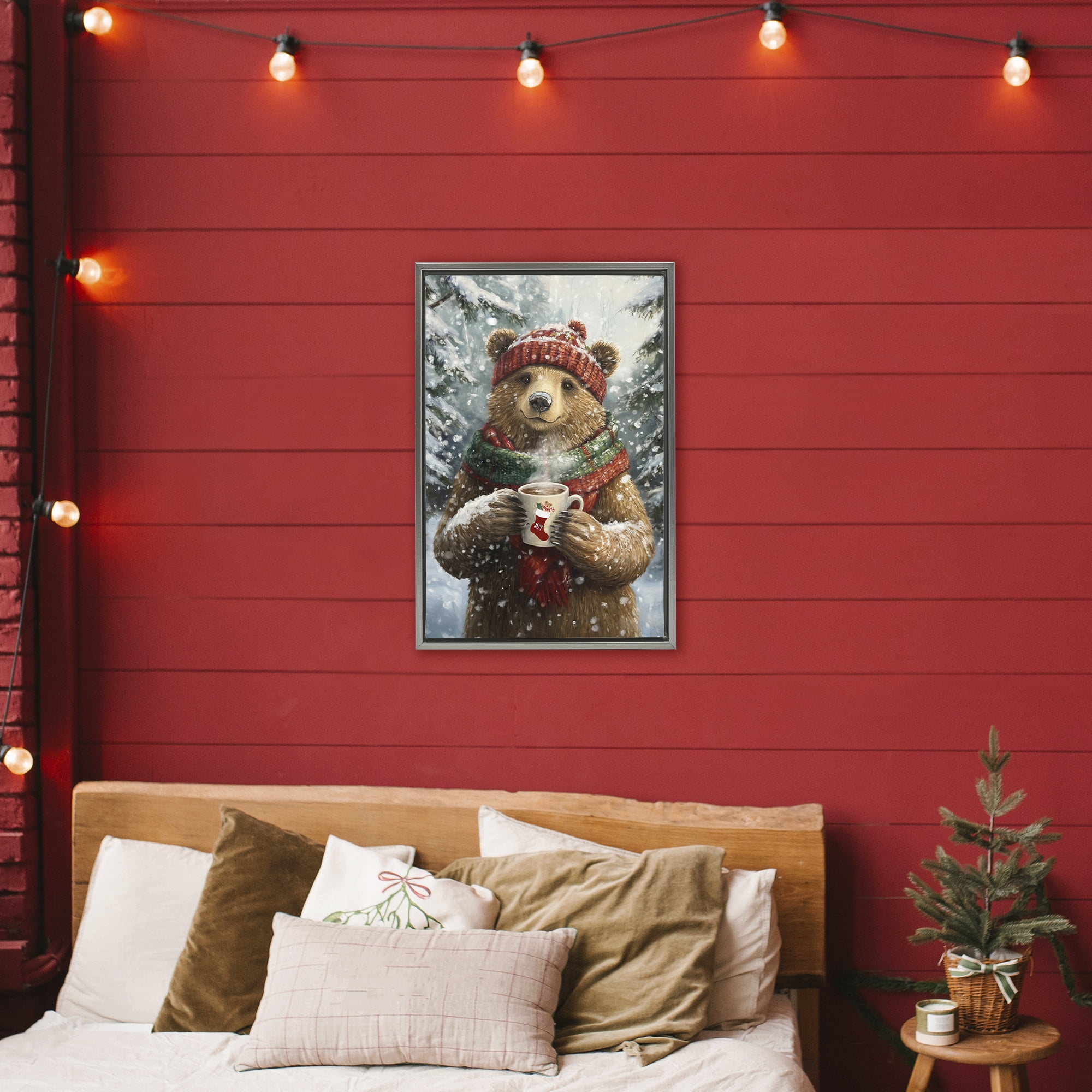 Stupell Industries Christmas Cocoa Bear Gray Framed Floater Canvas Wall Art, design by Tina LeCour