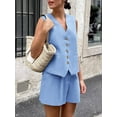 thumbnail image 6 of Women'S Summer 2 Piece Outfits Sleeveless Sets Button Down V Neck Vest Waistcoat and Pockets Shorts Light Blue L, 6 of 9