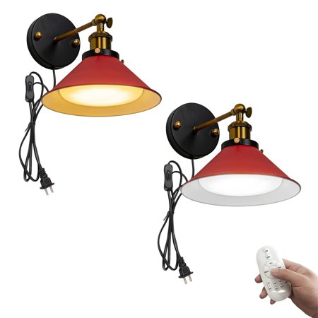 

FSLiving Remote Control Stepless Dimmable 4 Color Temperatures Adjusted Angle Wall Sconce Vintage Design Red Metal Wall Light Bulb Included for Bedroom Reading Loft Wall Painting - Set of Two