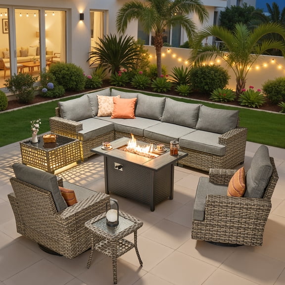 Ovios 10 Pieces Outdoor Patio Furniture Set with Fire Pit All-Weather Wicker Sectional with Swivel Chairs, Dark Gray