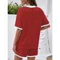thumbnail image 6 of Women 2 Piece Shorts Set Casual Summer Outfits Ribbed Loose Short Sleeve Matching Lounge Sets Red XXL, 6 of 8