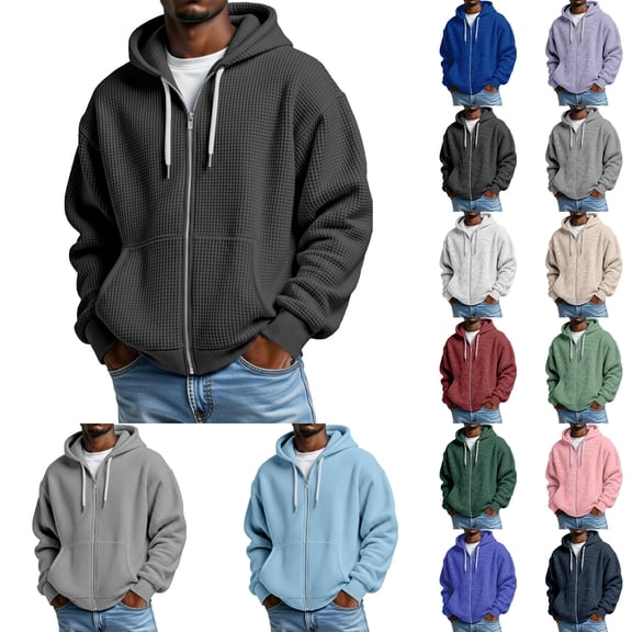 Zip Up Hoodie Men 2026 Fall Winter, Long Sleeve Waffle Knit Full Zipper Hooded Sweatshirt with Pockets, Casual Pullover Top for Daily Wear Black XXL
