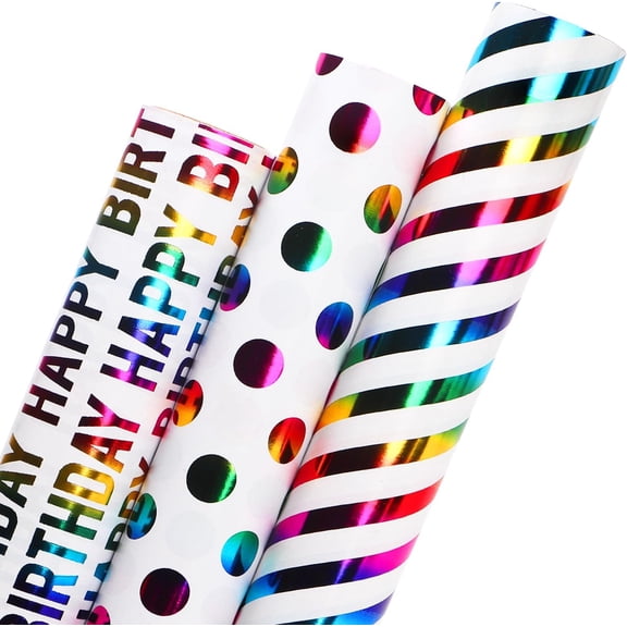 Birthday Wrapping Paper Iridescent Gift Wrapping Paper Mini Roll, 3 Rolls Happy Birthday Polka Dots Stripes Printed Assortment - 17 inch x 120 inch(10feet) Per Roll