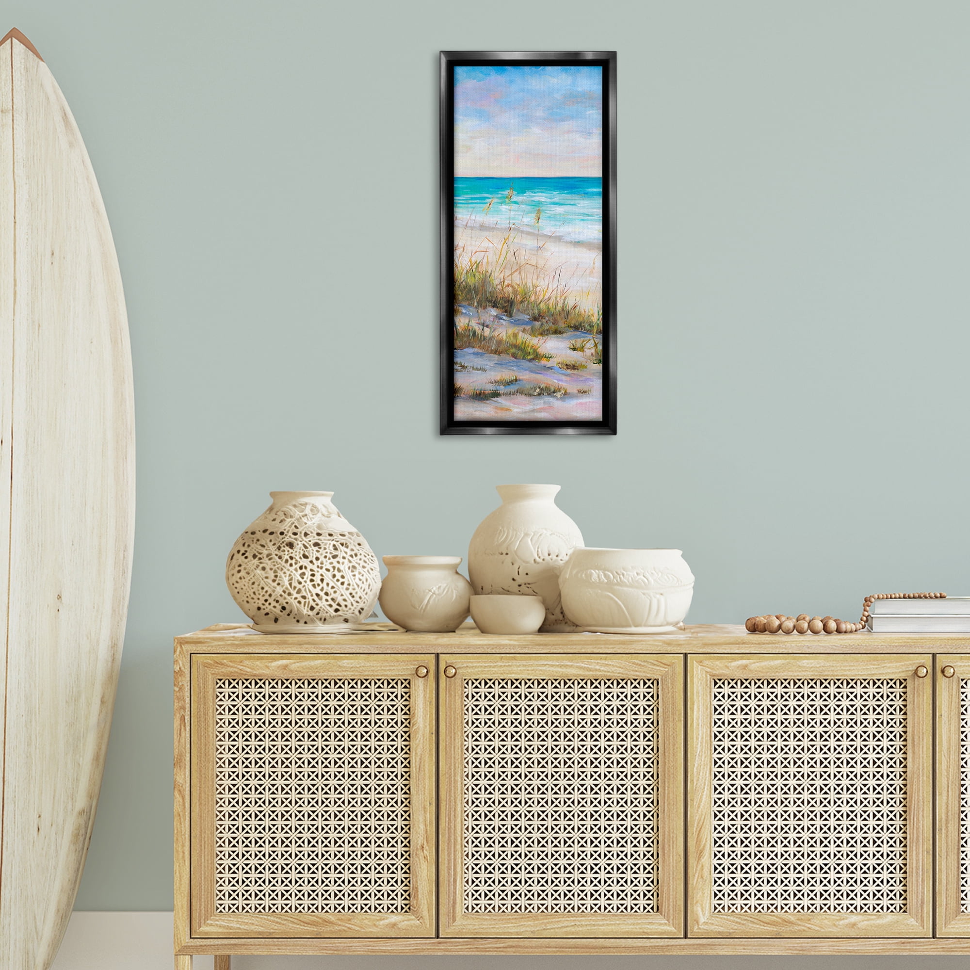Stupell Industries Peaceful Beach Reeds Landscape Painting Black Floater Framed Canvas Art Print Wall Art, 15 x 31