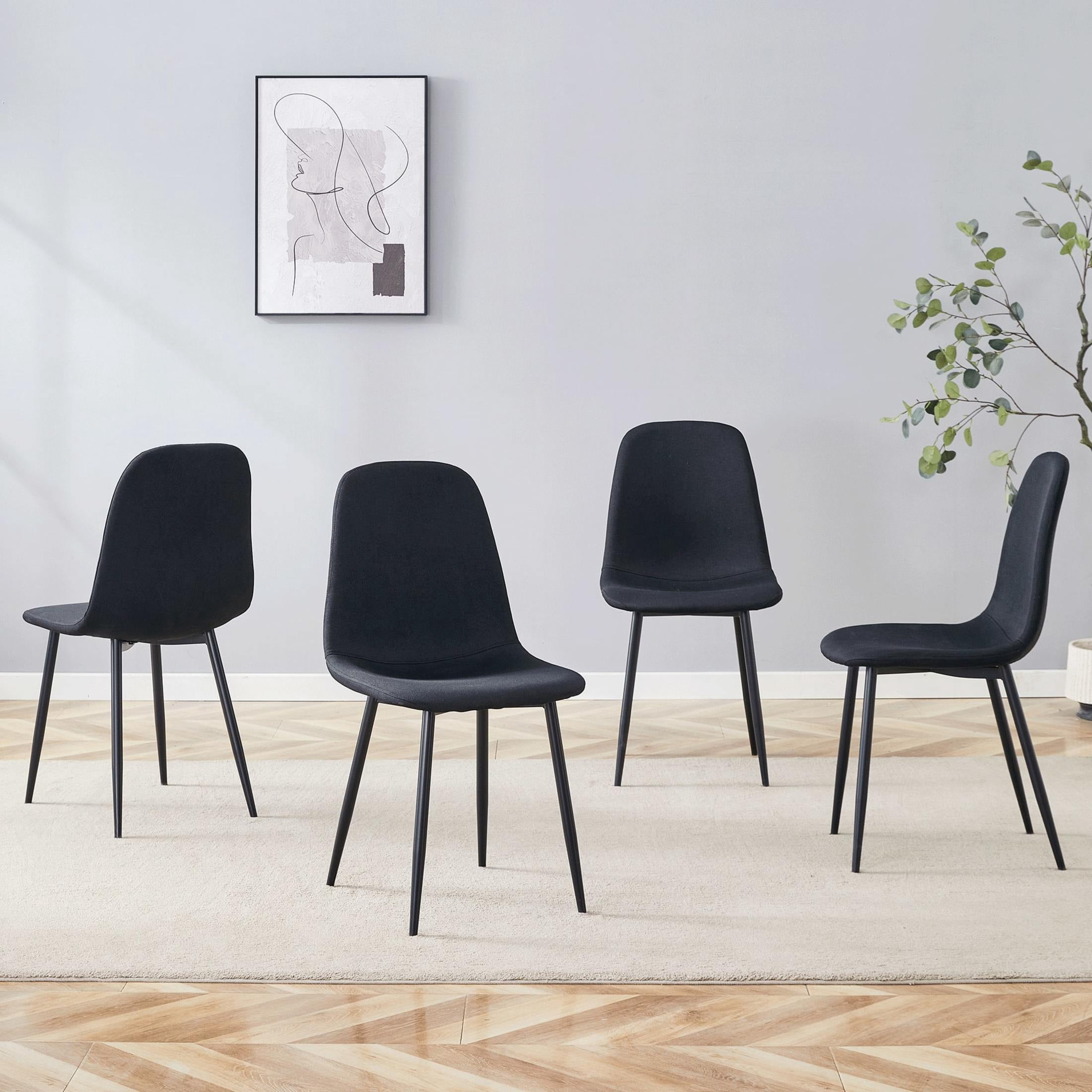 Noble House Luxury 34.5" Dining Chairs, Linen-Cotton Upholstery, Black Metal Legs, High Resilience, Black, Set of 4