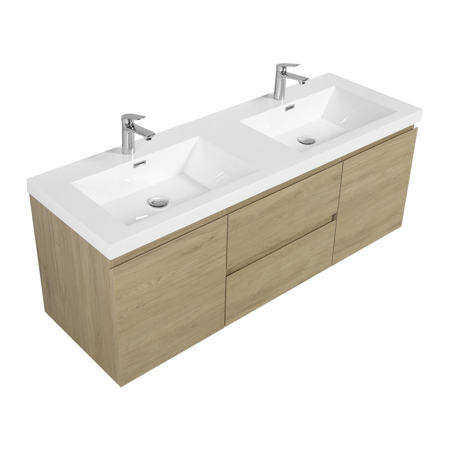 Demi Bonn 60" Floating Bathroom Vanity with Sink, Double Resin Top Basin and 2 Soft Close Drawers, 2 Storage Cabinet, Faucets and Drains Not Included, Brown