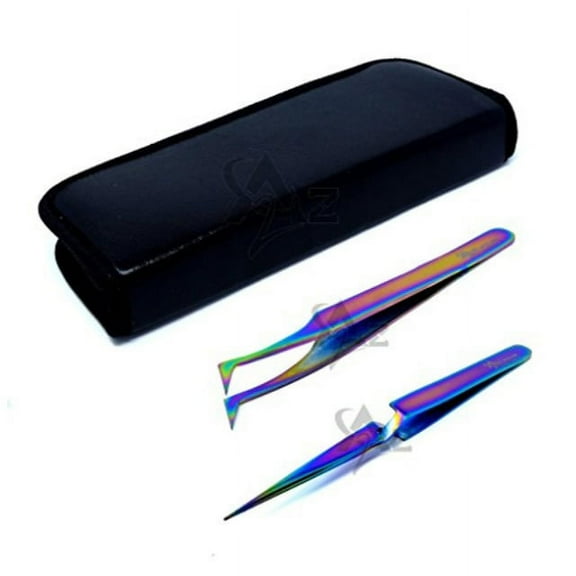 set of 2 stainless steel multi titanium rainbow color 3d eyelash extension tweezers a type angled x type self retracting fine point (a2z)