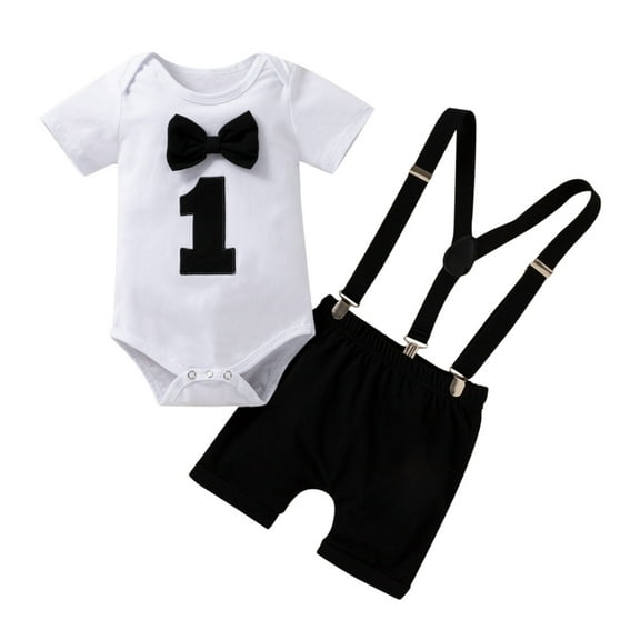 Povozer Toddler Boys Formal Outfit Toddler Boy Clothes Suit Gentleman Wedding Outfits Kids formal Dress Shirt Bowtie Long Suspender Pants Overalls 90 100 for 9-12 Months,Black