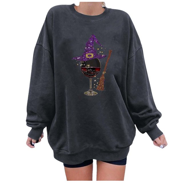 KIHOUT Chandails en Molleton pour Femmes Imprimé Ample Pull Graphique Tops Halloweens Col Rond Épaule Tombante Manches Longues Surdimensionné Mignon Automne Hiver Sans Capuche, Taille S-2TG