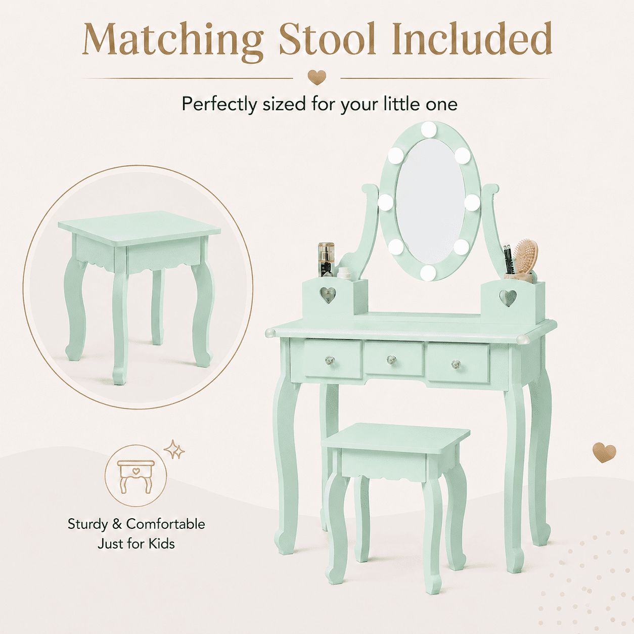 Ktaxon Kids Play Makeup Vanity Set with 3-Color Light, Girls Vanity Dresser Desk with Matching Stool, Light Green