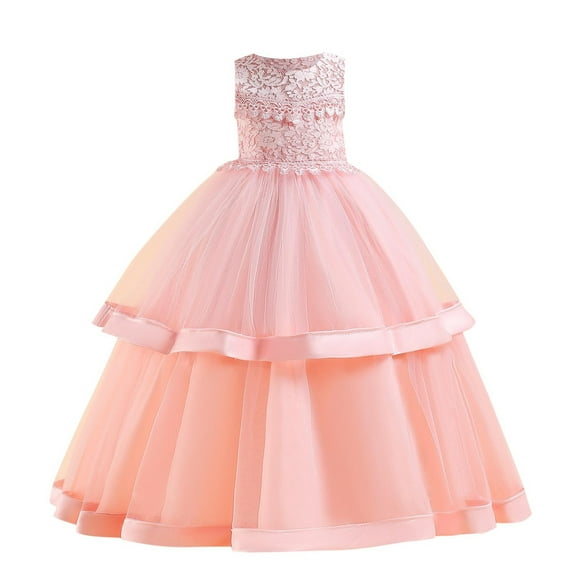 Zwiiyzr 2025 8-12Y Girls Tulle Dress Bridesmaid Wedding Pageant Dresses Sleeveless Embroidered Flower Mesh Princess Tiered Dress Evening Dress Pink