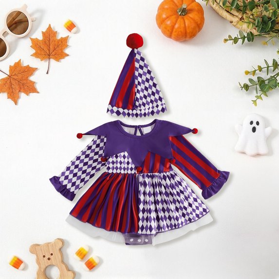 OJSFQUFP Halloween Outfit Infant Baby Girl Halloween Clown Cos Long Sleeve Romper Dress with Hat Toddler Trick Or Treat Outfit 0-18M