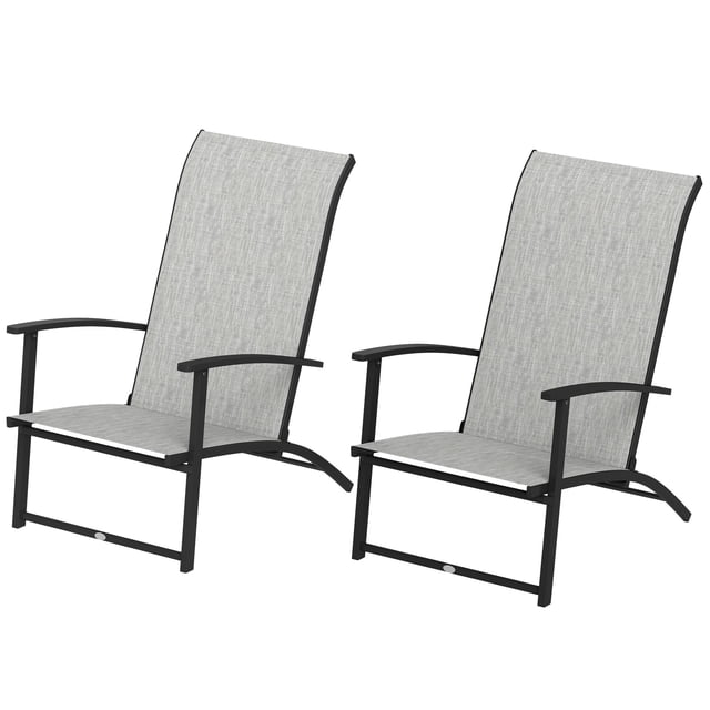 Set of 2 Grey Folding Outdoor Chairs with Armrests - Patio Lawn Chairs for Balcony, Backyard & Garden Seating - Durable Mesh & Metal Frame - 33.9" High Back