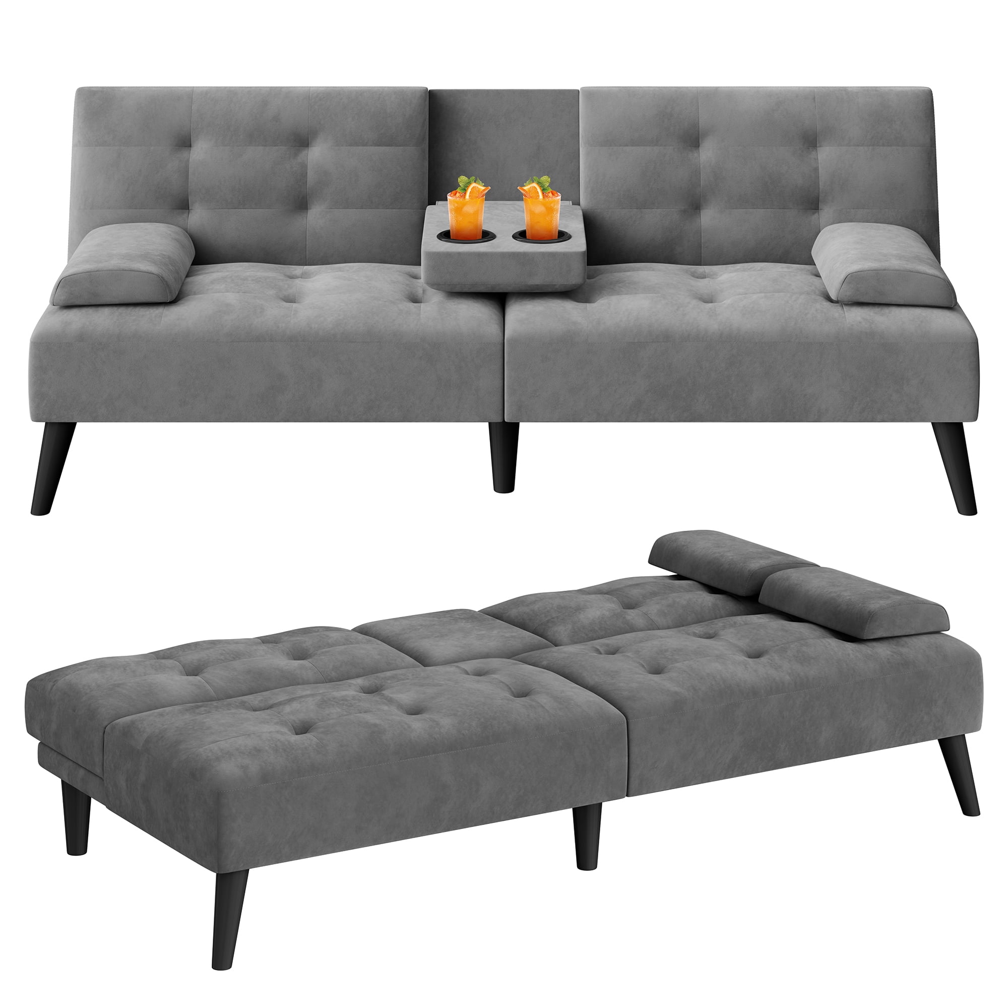 Walsunny 64" Sofa Bed Futon Couches, Folding Loveseat Recliner with 3-Angle Adjustment, Removable Arms 2 Cup Holders for Small Spaces,Gray