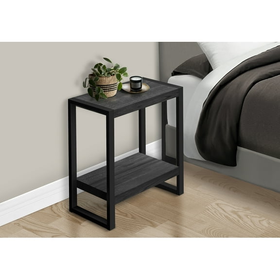 Xukmct Rectangle Wood Side Table End Table with Bottom Shelf, Metal Frame Nightstand for Living Room, Bedroom, Black