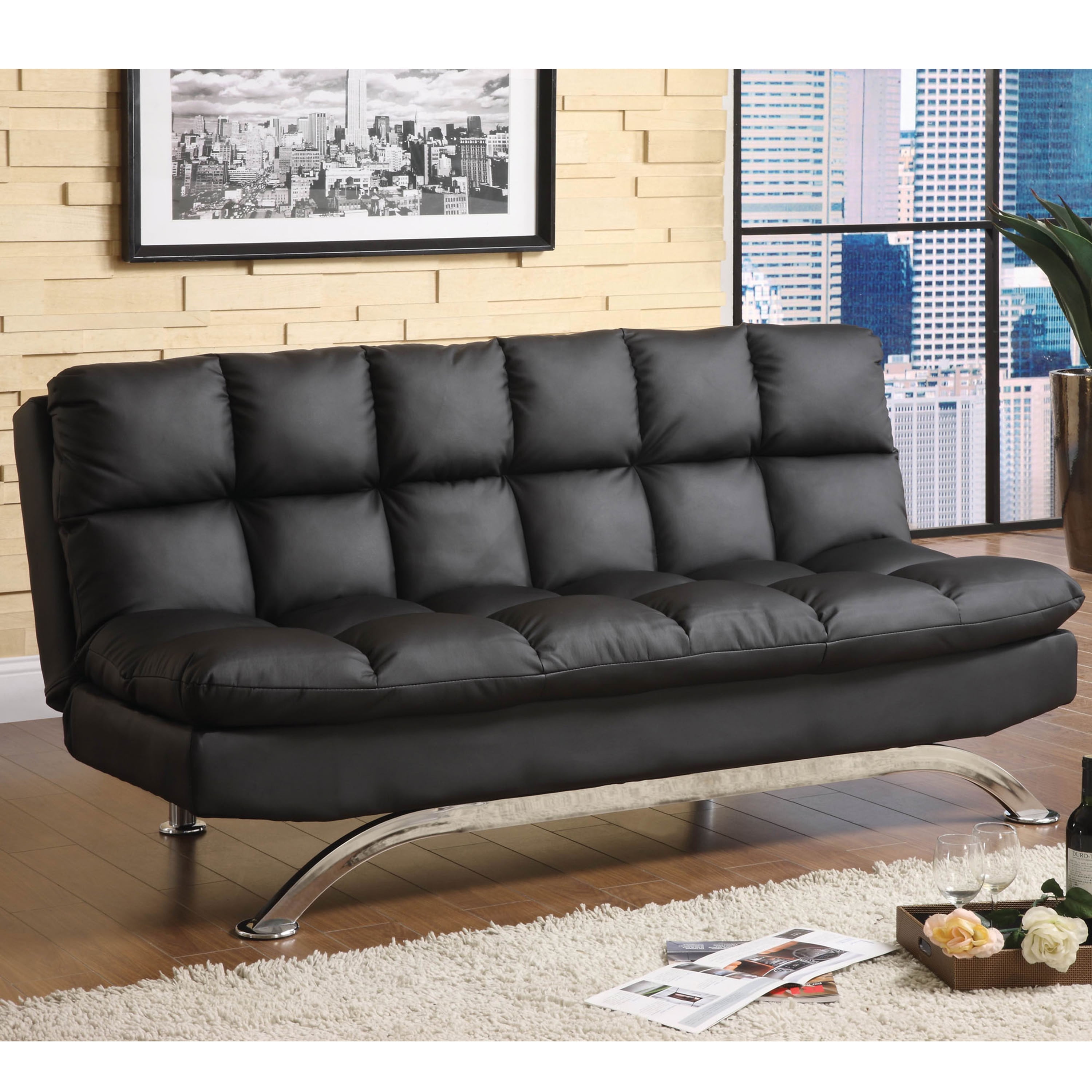 Furniture of America Contemporary Faux Leather Filia Futon Sofa, Black