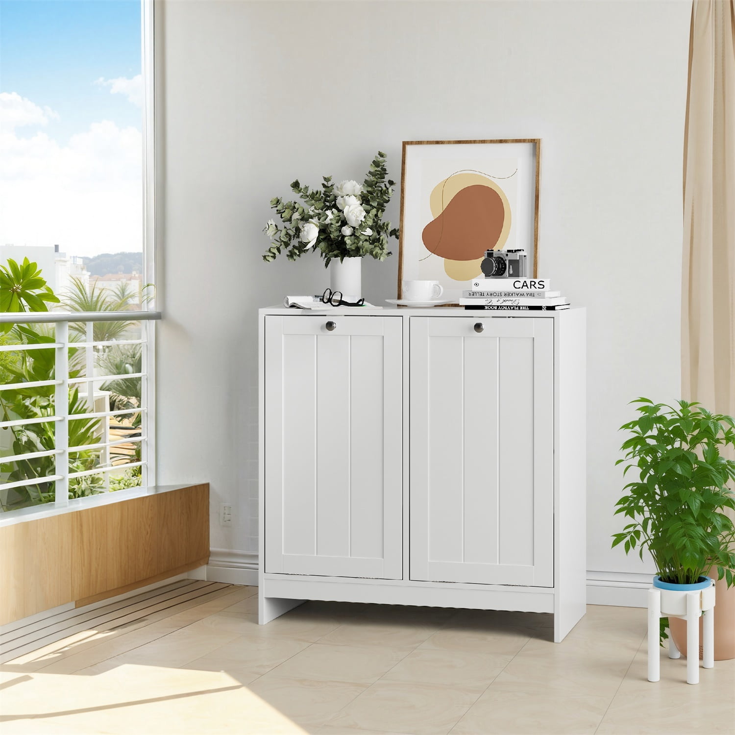 Hommoo Bathroom Laundry Storage Cabinet, Sloping Laundry Basket with Removable Inner Basket, Freestanding Household Storage Rack, White