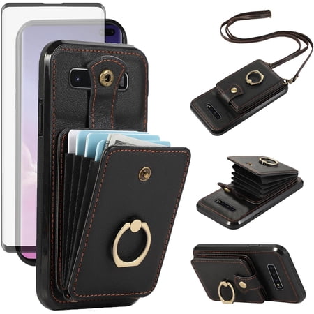REQO Phone Case for Samsung Galaxy S10 Plus Wallet Cell Cover with Screen Protector and Crossbody Strap Ring Stand RFID Credit Card Holder S10+ S10plus 10S Edge S 10 10plus Women Girls Black