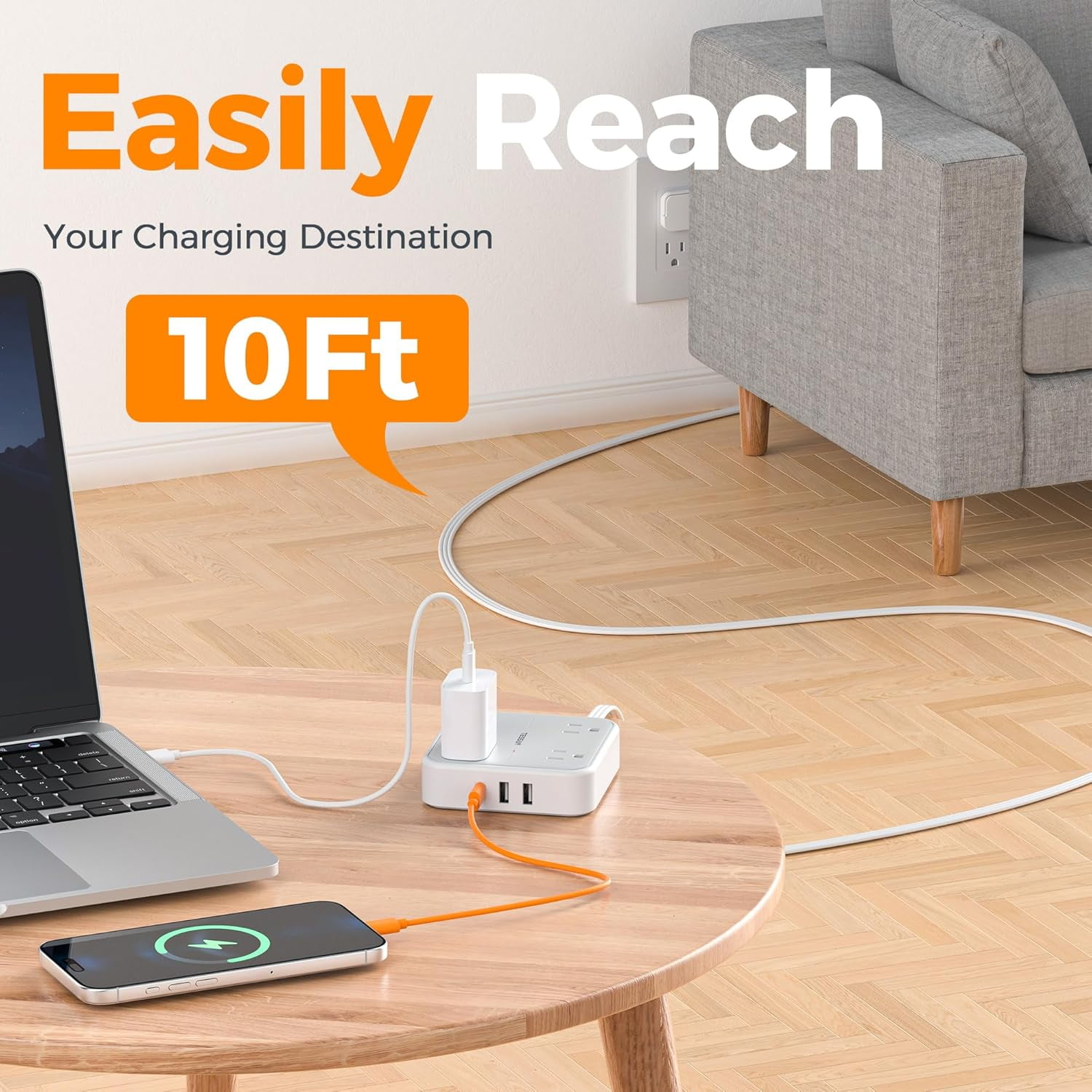 Surge Protector Power Strip, Ring Pull Flat Plug Extension Cord 10 Ft with 3 USB (1 USB C) 4 Outlets, 900 Joules Protection, Desktop Charging Station for Home, Office, College, Dorm Room, Gray