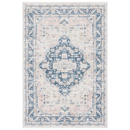 SAFAVIEH Blair Amyas Oriental Polyester Machine Washable Area Rug  Beige/Navy  5 3  x 7 6