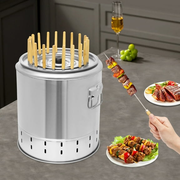 Smokeless BBQ Grill Bucket, 2-in-1 Vertical Charcoal Grill for 20 Skewers with Accessories