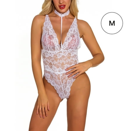 

ELENXS Women Sexy Mesh Lace Lingerie Deep Nightwear Underwear Bodysuit V