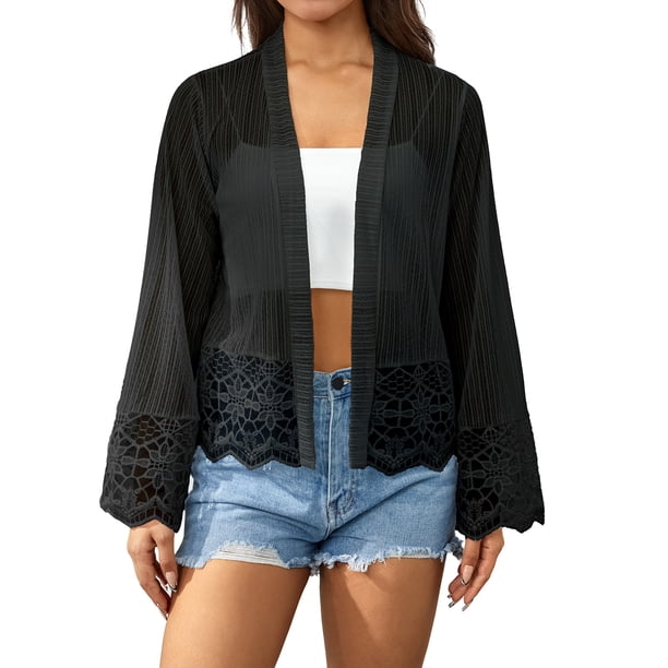 Txlixc - Blusa floral de encaje frontal abierto de manga larga para mujer primavera verano Txlixc Moda