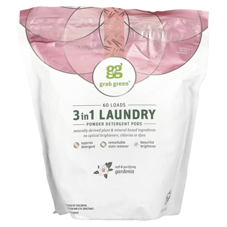 Grab Green 3-in-1 Laundry Detergent Pods, Stain Remover, Brightener, Gardenia Scent, 60 Loads