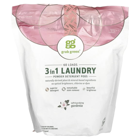 Grab Green 3-in-1 Laundry Detergent Pods, Stain Remover, Brightener, Gardenia Scent, 60 Loads