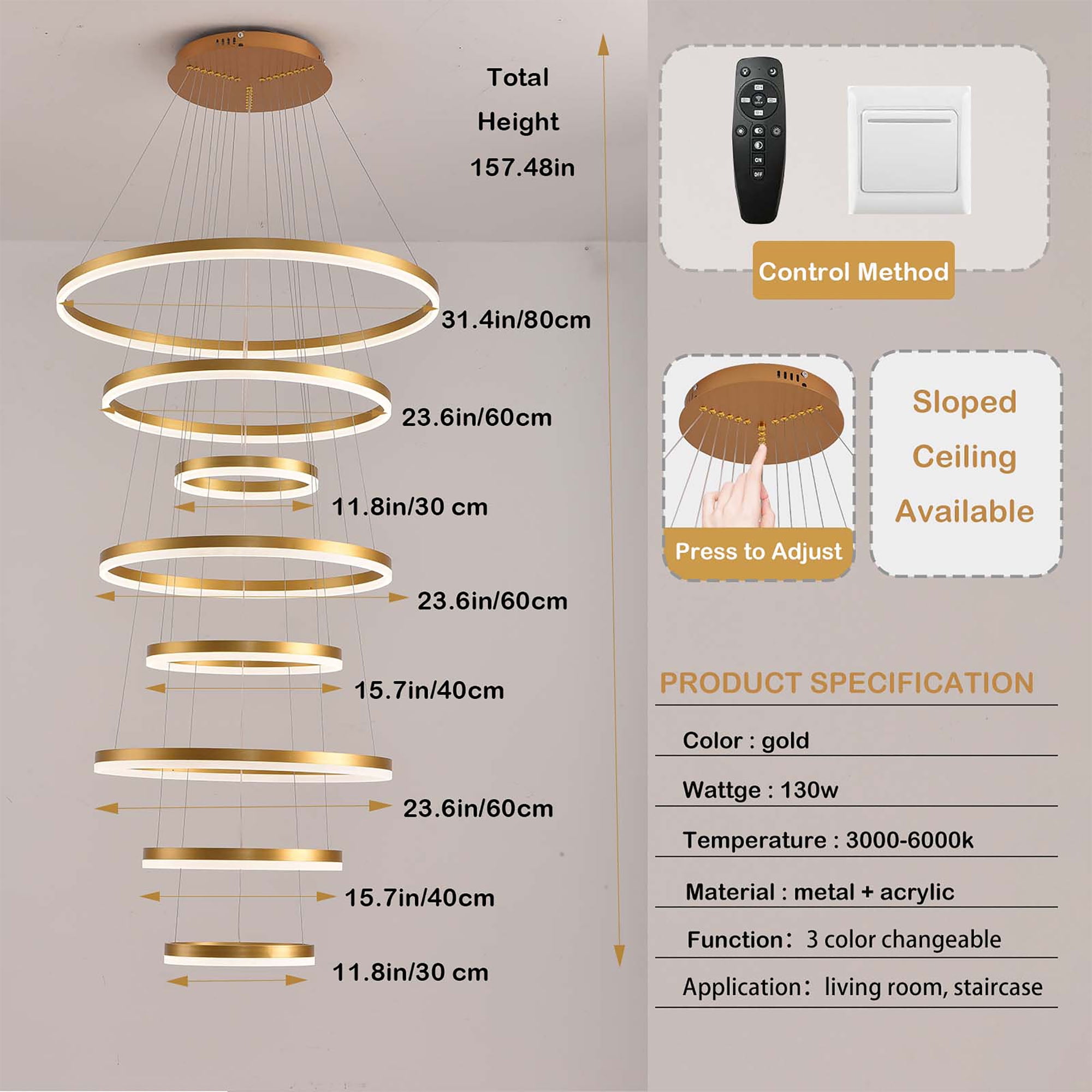 8 Ring Modern LED Chandelier, Dimmable Gold Ring High Ceiling Lighting with Romote Control,Large Foyer Chandeliers for Living Room Staircase Entryway