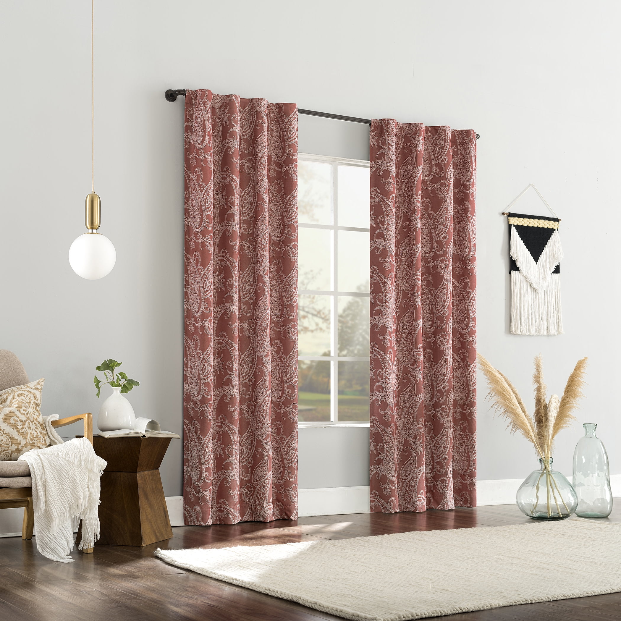 Sun Zero Pedra Paisley Embroidery 100% Blackout Back Tab Curtain Panel, 40"x96", Rustic Red