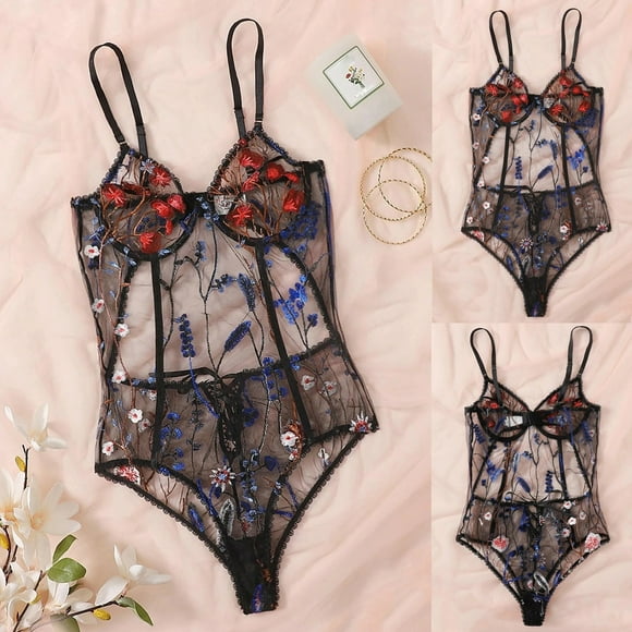 Lingerie Bodysuit Set Sexy Ladies Sexy Lace Lingerie Bodysuit Floral Embroidered Mesh Sheer Womens Lingeris